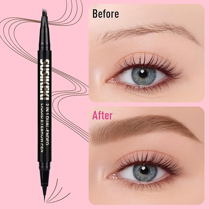Dual Ended Microblading Eyebrow Pen - 2 in 1 Liquid Eyebrow Pencil with Brow-Fection Angled Brush & Precise Detail Brush-Tip, Shapes & Fills Hair-Like Looking Brows, Lasts All-Day, Brown-VivaGrace Women