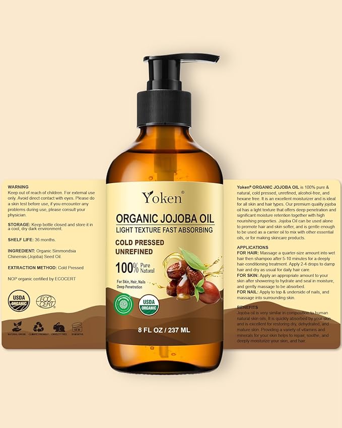 Yoken Organic Jojoba Oil Glass Bottle 8 fl oz, USDA Certified 100% Pure & Natural Jojoba Oil for Hair, Skin & Face, Cold Pressed Unrefined Hexane Free, Deeply Moisturizing Body Serum Oils for Gua Sha-VivaGrace Women