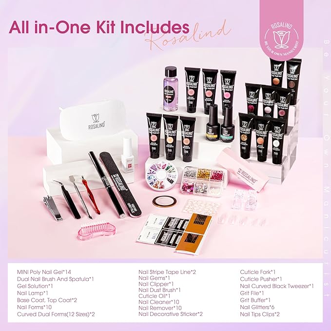 ROSALIND Poly Nail Gel Colors Kit -14 Colors +72 Nail Art Accessories kit Glitter Poly Nails Gel Kit Starter Kit with Mini UV Lamp Slip Solution Nude Pink Poly Nail Art for Beginners with Everything-VivaGrace Women