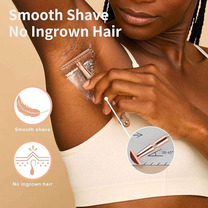 Matte Rose Gold Double Edge Safety Razor, Single Blade Razors for Women and Men, with 10 Stainless Steel Safety Razor Blades, Reusable, Smooth and Close Wet Shaving Kit, Plastic Free-VivaGrace Women