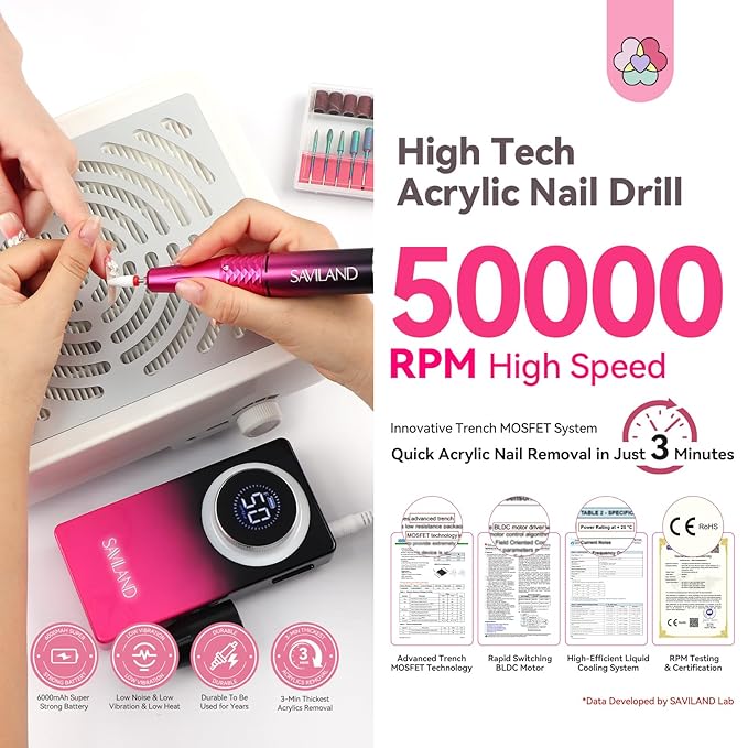 SAVILAND Electric Nail Drill 50000 RPM: Cordless Electric Nail File 10 H Battery Life Rechargeable Nail Drill Kit with Ceramic Drill Bits for Acrylic Nail Removal Ambient Light Black and Pink Ombre-VivaGrace Women