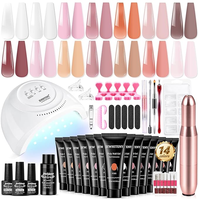 JEWHITENY 14 pcs Poly Gel Nail Extension Kit With Drill Machine U V Nail Light ALL In One Polygel Starter Kit-VivaGrace Women