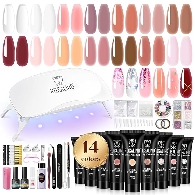 ROSALIND Poly Nail Gel Kit -14 Colors +72 Nail Art Accessories kit Clear Nude Poly Nails Gel Kit Starter Kit with Mini UV Lamp Slip Solution Basic Tools for Beginners with Everything-VivaGrace Women
