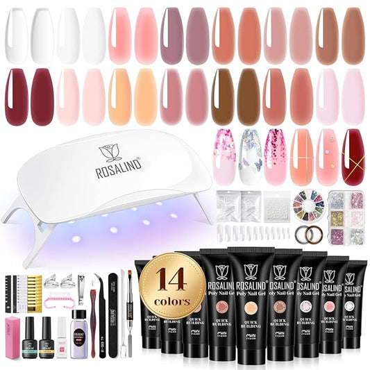 ROSALIND Poly Nail Gel Kit -14 Colors +72 Nail Art Accessories kit Clear Nude Poly Nails Gel Kit Starter Kit with Mini UV Lamp Slip Solution Basic Tools for Beginners with Everything-VivaGrace Women