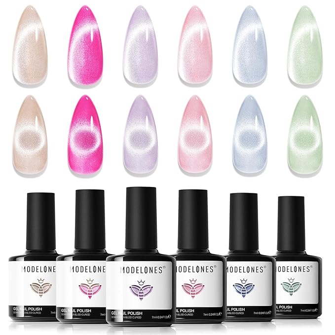 Modelones Cat Eye Gel Nail Polish, 6 Colors Glitter Summer Pink Blue Green Blue Gel Polish Set with Magnet Sparkle Translucent Nail Polish Kit Soak Off Led Nail Art Manicure Salon DIY Gifts-VivaGrace Women
