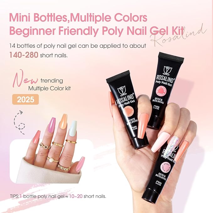 ROSALIND Poly Nail Gel Kit -14 Colors +72 Nail Art Accessories kit Nude Pink Poly Nails Gel Kit Starter Kit with Mini UV Lamp Slip Solution Basic Poly Nail Art Tools for Beginners with Everything-VivaGrace Women
