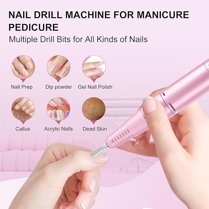 Professional Electric Nail Drill File:COSYGLOW Glitter Portable Cordless E-File Nail Drill Kit with 11 Drill Bits,30000 RPM Rechargeable Nail Drills Machine for Acrylic Nails Gel Polishing (Pink)-VivaGrace Women