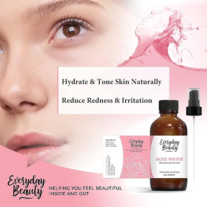 Rose Water Facial Toner - Alcohol-Free Vegan All Natural Refreshing Spray Mist for Face and Hair - Uplifts, Calming & Soothing for All Skin Types 8oz with Fine Mist Cap-VivaGrace Women