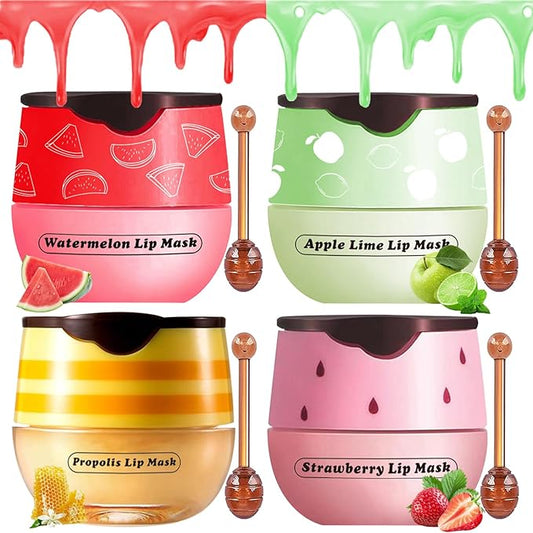 Honey Lip Balm Pot, 4 Pcs Honey & Strawberry & Apple Lime & Watermelon Lip Mask Propolis Lip Mask Moisturizing Hydrating Prevention Dry and Cracked Lip Scrubs Exfoliator-VivaGrace Women