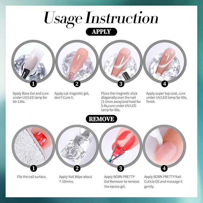 Born Pretty Cat Magnetic Eye Gel Nail Polish, 6 Colors 9D Magnetic Glitter Gel Polish Set Black Blue Purple Green Nail Polish Kit Soak Off LED Nail Art DIY Salon Gift-VivaGrace Women