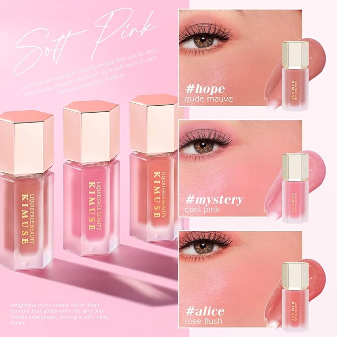 KIMUSE Soft Pink Gel-Cream Blush Trio, Liquid Blush for Cheeks, Weightless, Long-Wearing, Smudge Proof, Natural-Looking, Dewy Finish, Skin Tint Blush Makeup, 0.42 Fl Oz (love pink)-VivaGrace Women