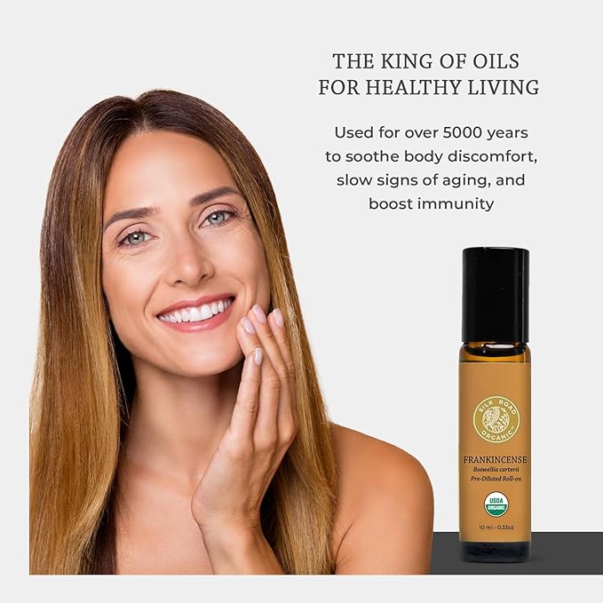 Silk Road Organic Frankincense Carterii Essential Oil Roll On, 100% Pure USDA Certified Aromatherapy for Radiant Skin, Body Aches, Stress Relief, & Calm - 10 ml Roller-VivaGrace Women