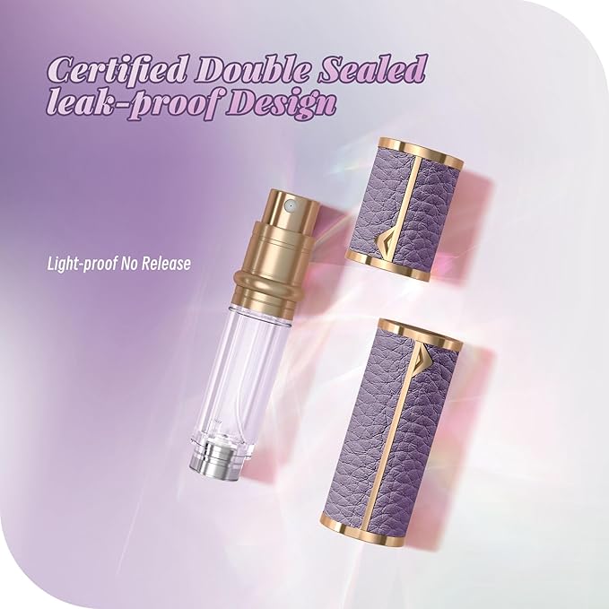 Perfume Travel Refillable Bottle,Genuine Leather Bottom-Filling Fragrances Perfume Atomizer,Mini Cologne Dispenser,Portable Sprayer Pocket Size for Cruise Car Trip Purse Gift 5ml (Purple)-VivaGrace Women