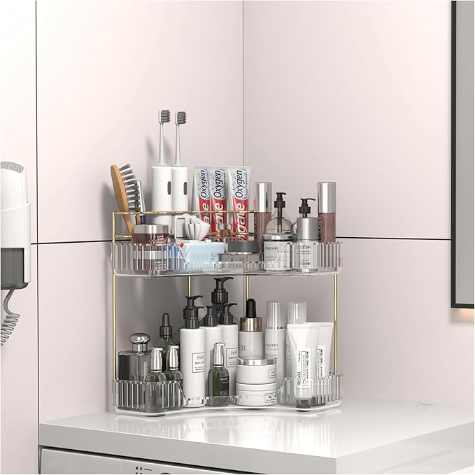 Makeup Organizer Countertop 2 Tier, Corner Bathroom Countertop Organizer with Toothbrush and Makeup Brush Holder, Corner Vanity Tray for Skincare Organization-VivaGrace Women
