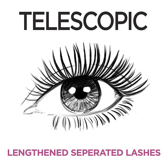 L'Oreal Paris Makeup Telescopic Original Lengthening, Lash Separating Mascara with Dual Precision Brush, Washable, Blackest Black, 0.27 Fl Oz., 2 Count