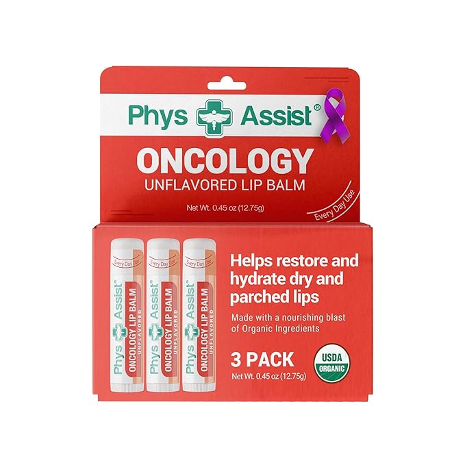 PhysAssist Oncology Lip Balm USDA Organic Unflavored Moisturize, Hydrate & Protect Dry parched lips during Chemo or Radio USDA Organic. 3 Pack-VivaGrace Women