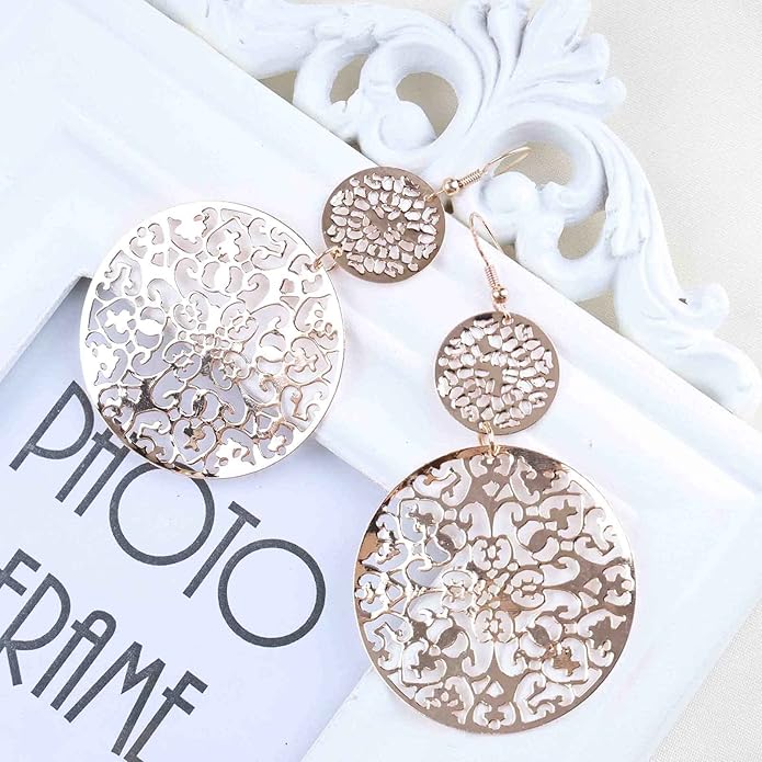 Filigree Hollow Disc Dangle Drop Earrings Boho Gold Ethnic Carved Flower Earrings Double Round Disc Drop Earrings Statement Hook Earrings Wedding Bridesmaid Jewelry for Women and Girls-VivaGrace Women