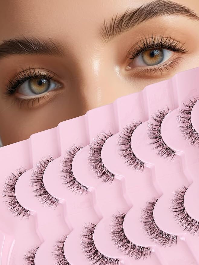 Natural Lashes False 11mm Short Eyelashes Wispy C Curl Eye Lashes Pack with Thin Cotton Band Fake Eyelash 3D Volume For Daily Siligli Lash 7 Pair-VivaGrace Women