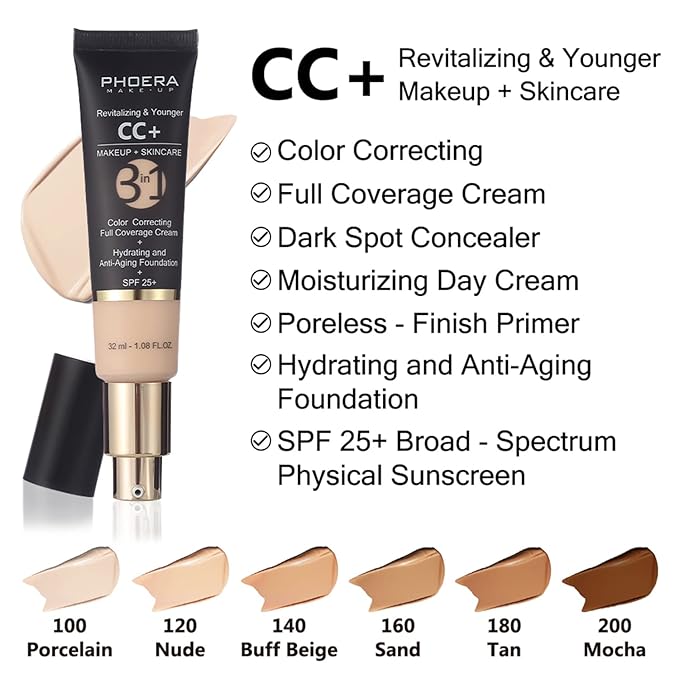 PHOERA Foundation,PHOERA CC Cream Foundation Color Correcting Anti Aging Hydrating Serum &SPF 25+,PHOERA Primer, PHOERA Makeup Foundation, Makeup Brushes (102 Nude+140 Buff Beige CC Cream)-VivaGrace Women