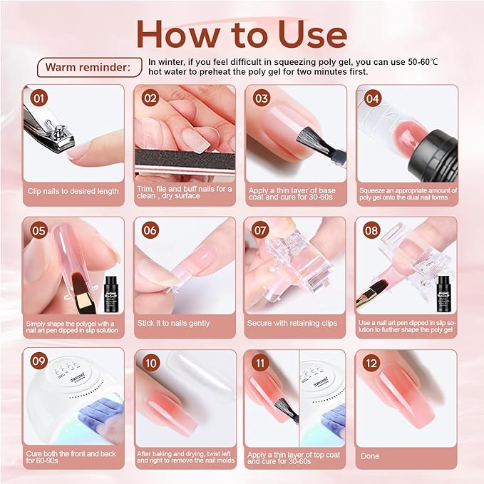 JEWHITENY Poly Extension Gel Kit With 48W LED Nail Lamp 14 Colors Builder Extension Gel All-in-One French Kit Nail Art Design Beginner Kit-VivaGrace Women