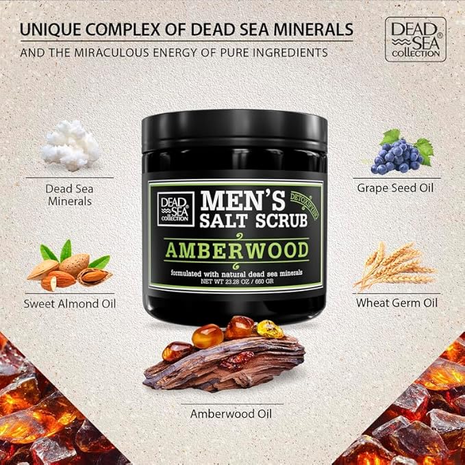 Salt Body Scrub Amberwood For Men – Moisturizes, Exfoliates & Nourishes Skin – Cleanses & Detoxifies with Dead Sea Minerals - Dead Sea Collection – 23.28 OZ-VivaGrace Women