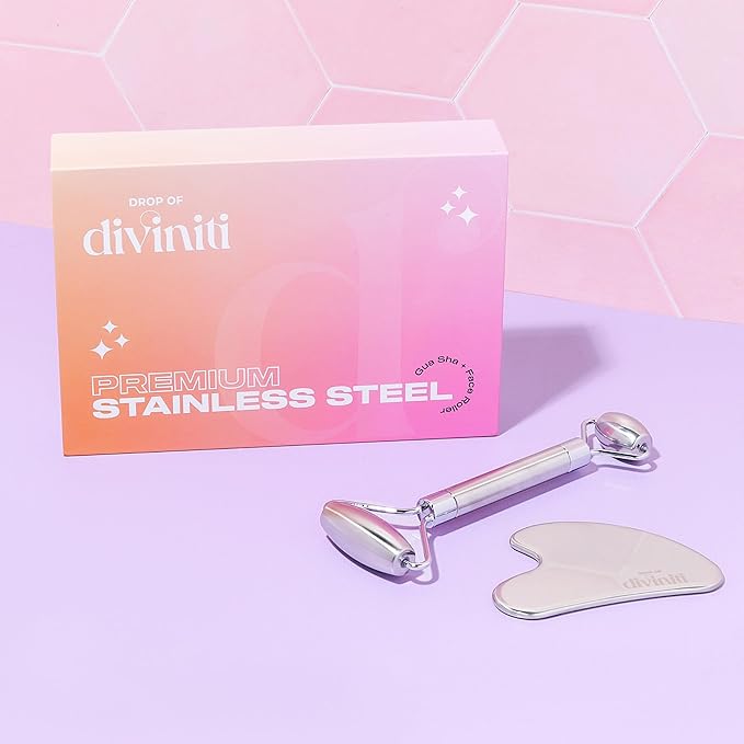 Stainless Steel Face Roller - Premium Gua Sha Facial Tools Stainless Steel GuaSha Tool and Face Roller Set - Gua Sha Stainless Steel Gua Sha Tool - Metal Face Roller and Gua Shua Set - Spa Gifts-VivaGrace Women