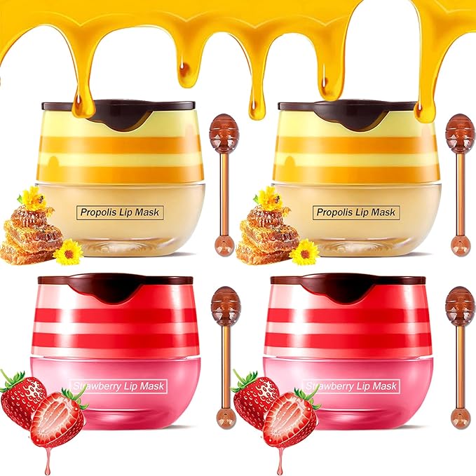 Bee Lip Balm Honey Pot,4 PCS Strawberry & Honey Moisturizing Propolis Lip Mask,Hydrating Prevention Dry and Cracked Lip Scrubs Exfoliator,Lip Sleep Mask Reduces Lip Lines Lip Skin Care Products…-VivaGrace Women