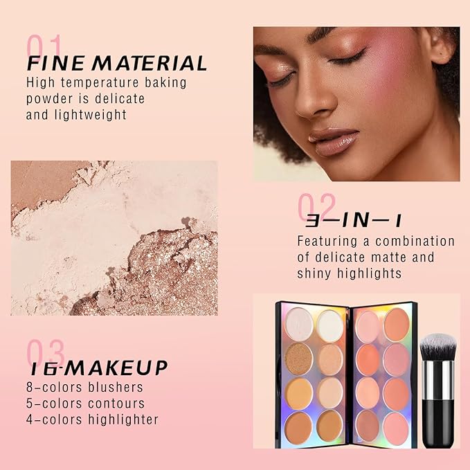 16 Colors Blush Contour Highlighter Makeup Palette, All-in-One Shimmer Silky Matte Mineral Blush Powder Palette, Face Sculpting Bronzer Blusher Illuminator Palette for a Natural Glowing-VivaGrace Women