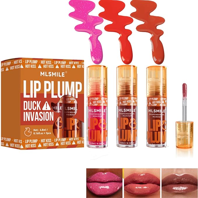 Hydrating Plumping Lip Oil Set, Natural Lip Gloss Plumper with Ginger, Transparent Moisturizing Lip Balm, Tinted Lip Plumper Gloss Make Lips Fuller, Vegan Lip Makeup (Set B, 3Pieces)-VivaGrace Women