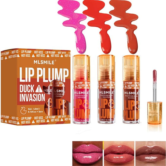 Hydrating Plumping Lip Oil Set, Natural Lip Gloss Plumper with Ginger, Transparent Moisturizing Lip Balm, Tinted Lip Plumper Gloss Make Lips Fuller, Vegan Lip Makeup (Set B, 3Pieces)-VivaGrace Women