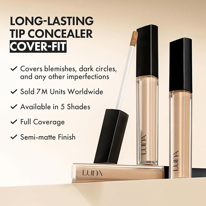 LUNA Long-Lasting Tip Concealer Cover-Fit (#0.5 Proclein) Full Coverage, for Under Eye Dark Circles, Fine Lines, Redness & Discoloration, Korean Makeup 0.26 Fl Oz-VivaGrace Women