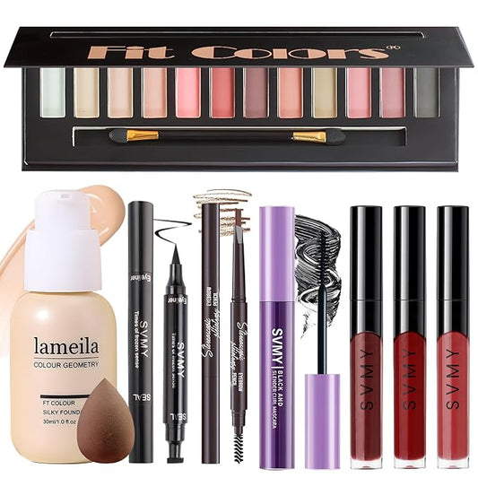 Makeup Present Set for Teen Girl, Travel Makeup Kit for women, Makeup Full Kit for Beginner & Professionals, Makeup Bundle Include 12 Color Matte Eyeshadow Palette, Natutal Foundation, Lip Gloss-VivaGrace Women