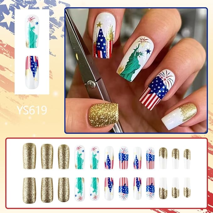Independence Day Press on Nails Medium Square Fake Nails with Red Blue American Flag Fireworks Design Gold Glitter False Nails Full Cover 4th of July Glue on Nails for Women Girls Manicure 24Pcs
