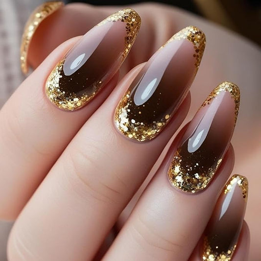 Gold French Tip Press on Nails Medium Almond Fake Nails with Gold Glitter Designs Ombre Brown False Nails Ballerina Stick on Nails Glossy Reusable Summer Acrylic Nails for Women Girls Manicure 24Pcs