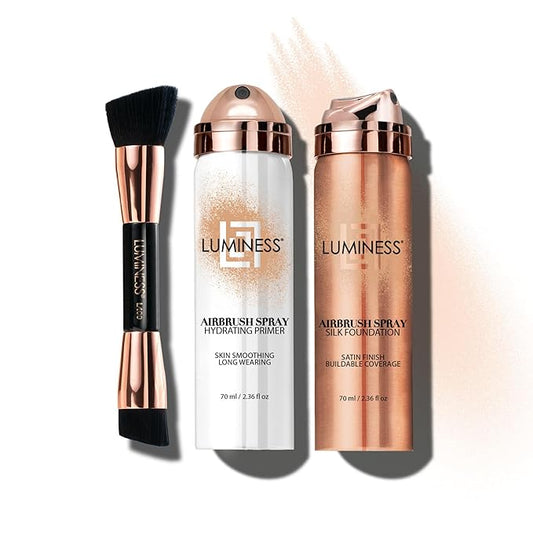 LUMINESS Airbrush Spray Silk Foundation Starter Kit - Fair Light - Foundation, Primer & Dual-Sided Angled Buffing Brush - Medium, Buildable Coverage, Anti-Aging Formula Hydrates & Moisturizes-VivaGrace Women