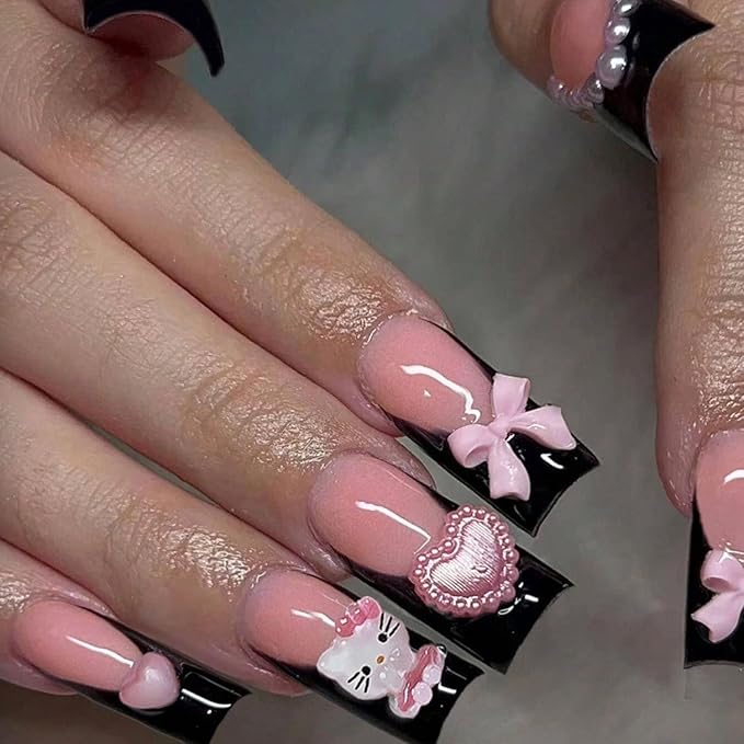 Cute Press on Nails Medium Long Black French Fake Nails Square Pink Glossy 3D Heart False Nail Tips Artificial Nails Finger Manicure for Women and Girls 24pcs