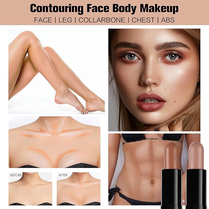 Contour Stick, 2Pcs Dual-Ended Highlighter Makeup Pen & Contouring Stick for Face Shaping, Long Lasting Waterproof Cream Bronzer & Highlight Sticks Make Up Kit for All Skin Tones (01# + 02#)-VivaGrace Women