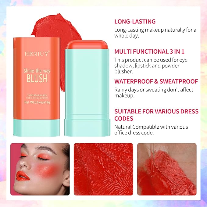 Orange Blush, Multi-Use Blush Stick, Cream Blush for Cheeks, Long Lasting and Waterproof, Natural-Looking Stick Blush for All Skin, Makeup Blush, Coral Orange-VivaGrace Women