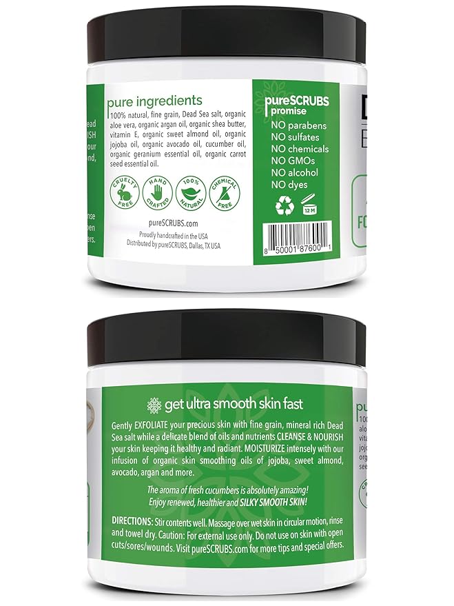 pureSCRUBS Premium Cucumber Body Scrub Set - Large 16oz Dead Sea Salt Body Scrub for Women Exfoliation KP Bump Eraser Body Scrub Includes Wooden Spoon, Loofah & Soap-VivaGrace Women