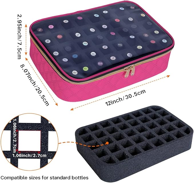 Nail Polish Bag organizer-Holds 40 bottles(15ml-0.5fl.oz)，Nail Polish Carrying Case Clear Multifunctional Cosmetic Travel Cases Makeup Bags Rose Red