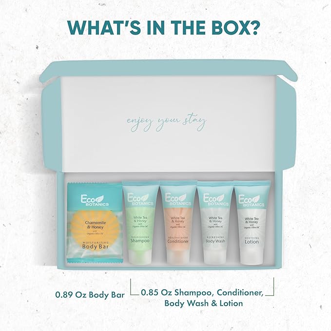 Eco Botanics Amenity Kit | Boxed Hotel Toiletries | Bulk Set 0.85 oz Travel Size Shampoo, Conditioner, Lotion, Body Wash & Body Bar Soap for Guest Hospitality AirBnB/Vacation Rentals | 1 set per case-VivaGrace Women