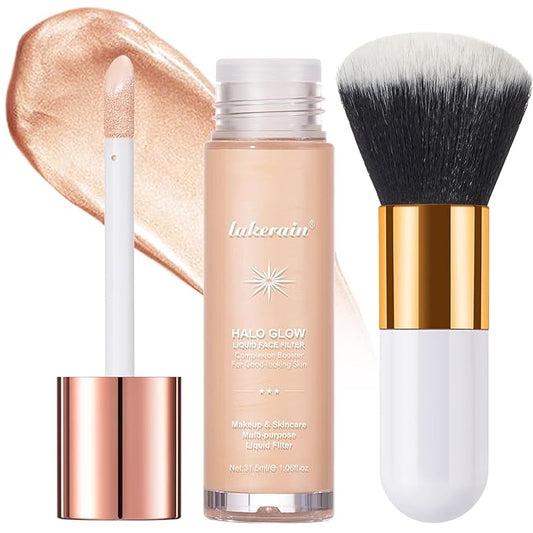 Natural Glow Liquid Filter Makeup, Longwear Face Luminizer, Complexion Booster For Any Part of the Body, Liquid Highlighter with Brush Kit, Infused Hyaluronic Acid, 1.06 fl oz (#03 LIGHT/MEDIUM)-VivaGrace Women