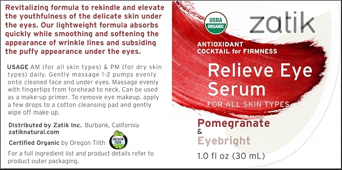 Zatik Naturals - Relieve Eye Serum with Pomegranate and Eyebright Antioxidant, USDA Certified Organic, Rekindle and Elevate Youthfulness Around Thin Areas of the Eyes, 1.0 fl oz, 30ml-VivaGrace Women