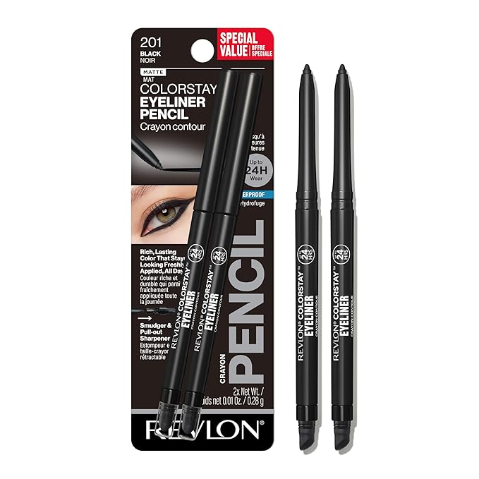 Revlon ColorStay Pencil Waterproof Eyeliner, Smudge-Proof, Eye Makeup with Built-In Sharpener, 201 Black, 2 pack-VivaGrace Women