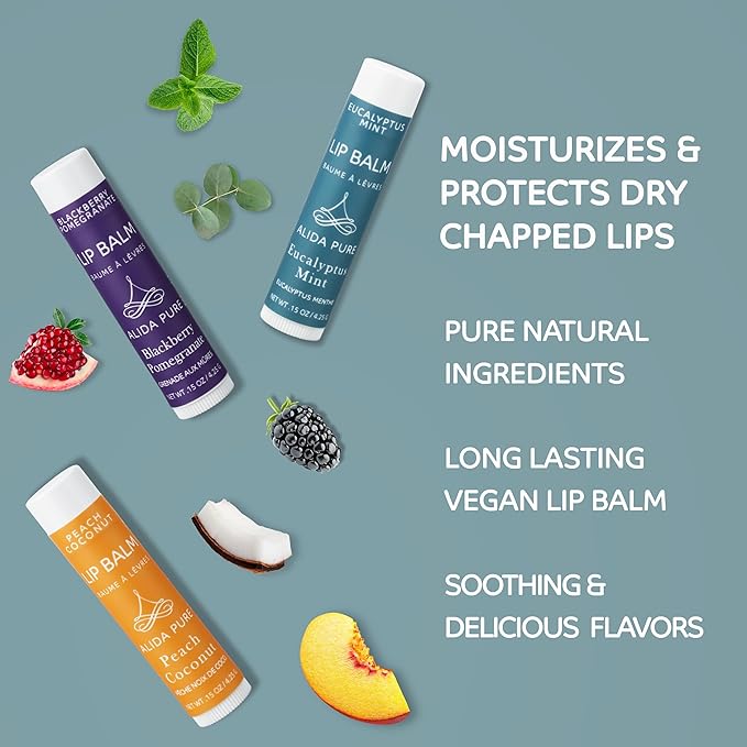 Fruit Mint Lip Balm Collection, Vegan Lip Balm Set, Bees Wax Free, Coconut Oil Free, Avocado Oil, Organic Jojoba Oil, Vitamin E, Natural Moisturizer For Dry Cracked Lips, 3 Tube Set-VivaGrace Women