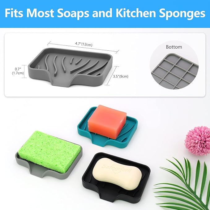 3-Pack Premium Soap Dishes, Easy to Clean Soft Silicone Self Draining Tray/Holder for Shower, Bathroom, Kitchen, Bathtub - Keep Soap Dry, Extend Life-VivaGrace Women