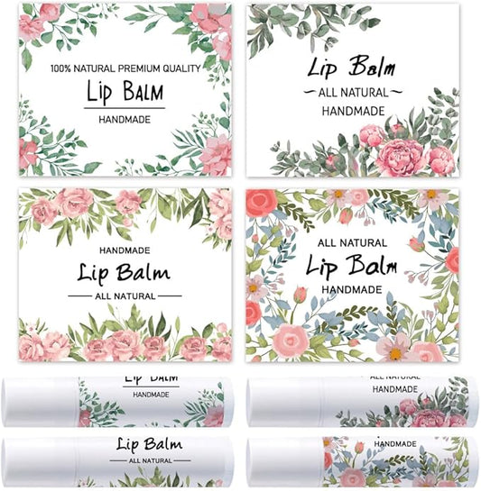 OLYCRAFT 100Pcs 4 Style Lip Balm Label Sticker Flower Pattern Labels Stickers Adhesive Lip Balm Label Sticker Plastic Lipstick Tag Stickers for Lip Balm Container Tubes 1.7x2.1 inch-VivaGrace Women