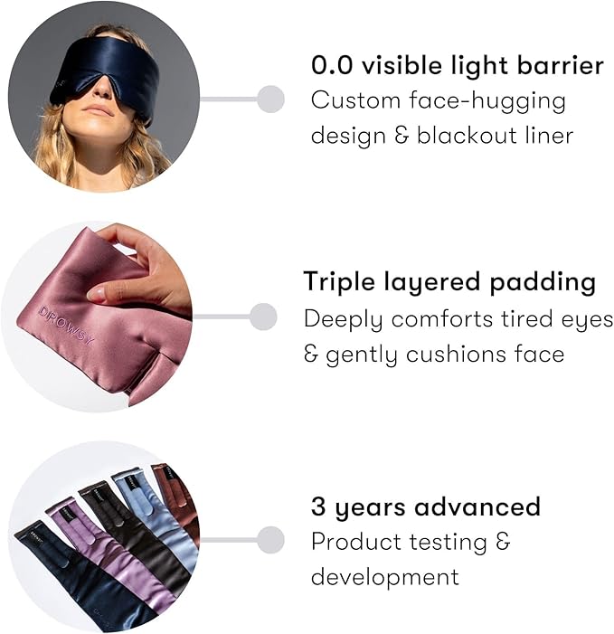 DROWSY Silk Sleep Mask. Face-Hugging, Padded Silk Cocoon for Luxury Sleep in Total Darkness. (Midnight Blue)-VivaGrace Women