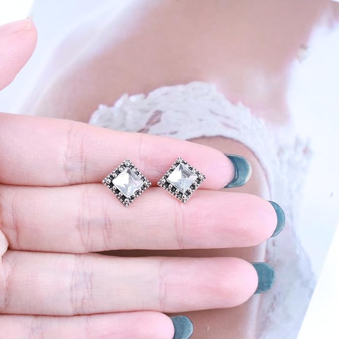 Boho Tiny Crystal Square Earrings Silver Cz Square Earrings Cz Rhinestone Square Stud Earrings Silver Geometric Earrings Jewelry for Women and Girls-VivaGrace Women