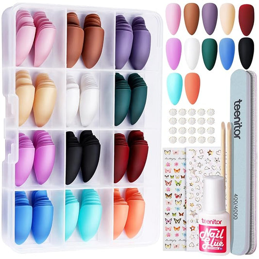 Teenitor Almond Press On Nails, 12 Color Press On Nails Almond, 288Pcs Matte Press On Almond Nails Glue On Nails Almond Shape Press On Nails Medium Length Almond Fake Nails